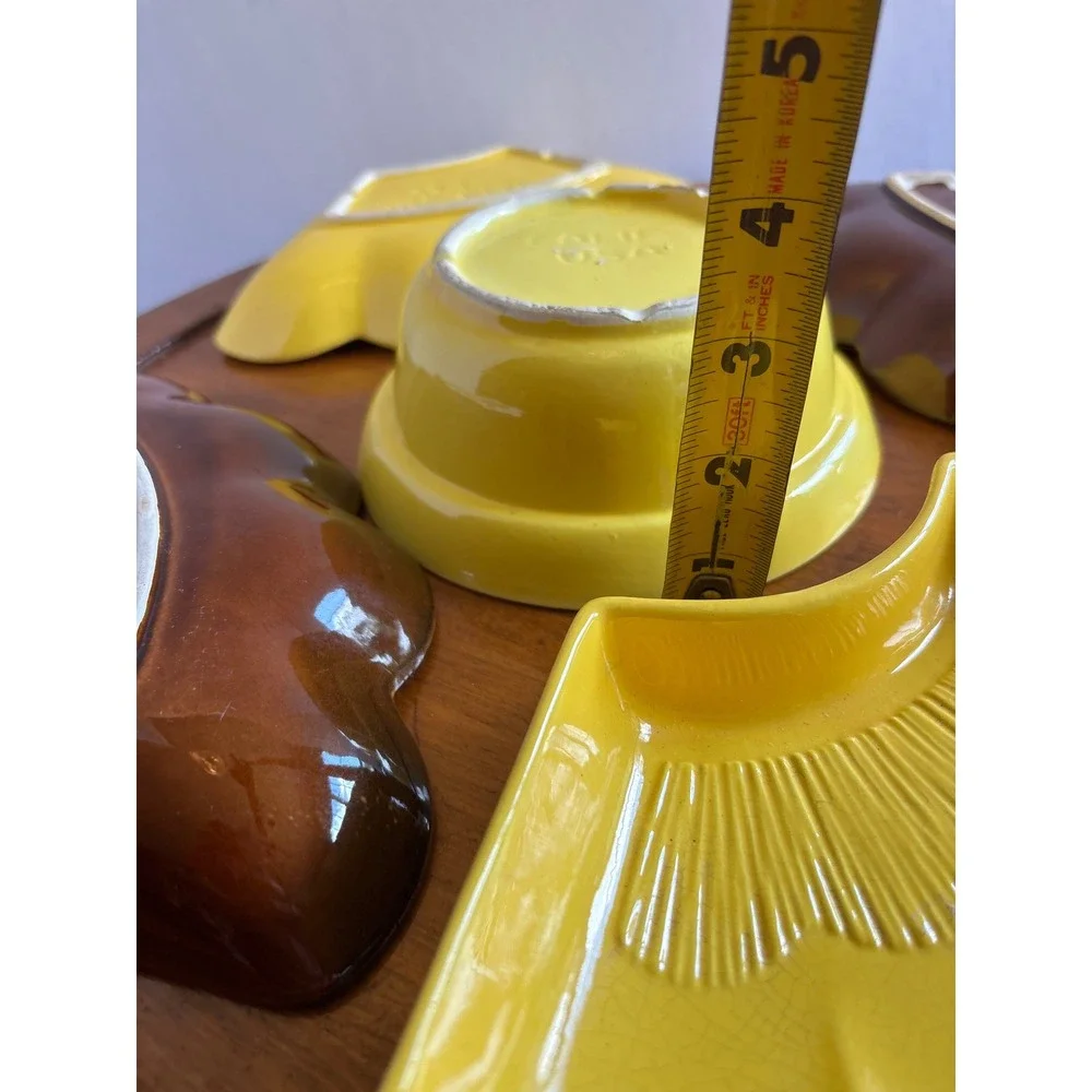 Vintage California USA L69 Lazy Susan Set Yellow Brown Scalloped Pottery 6pc 19